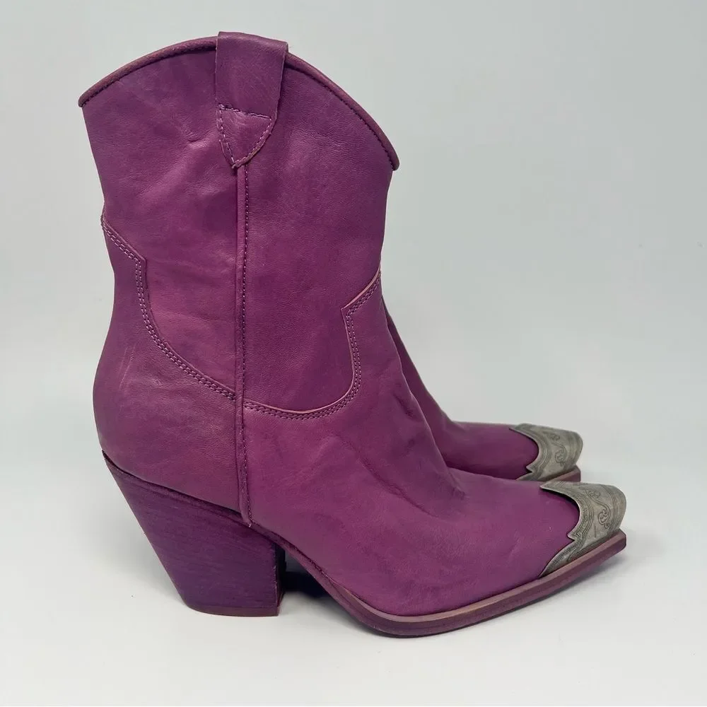 Free People Purple Suede Western Ankle Boots with Metal Toe Cap